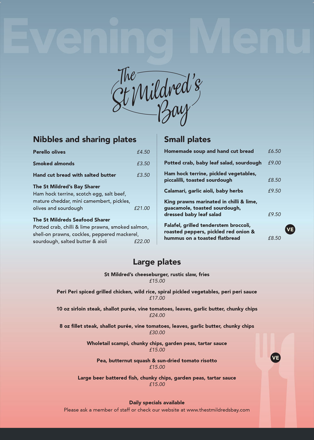 Image of The St Mildred's Bay Evening Menu