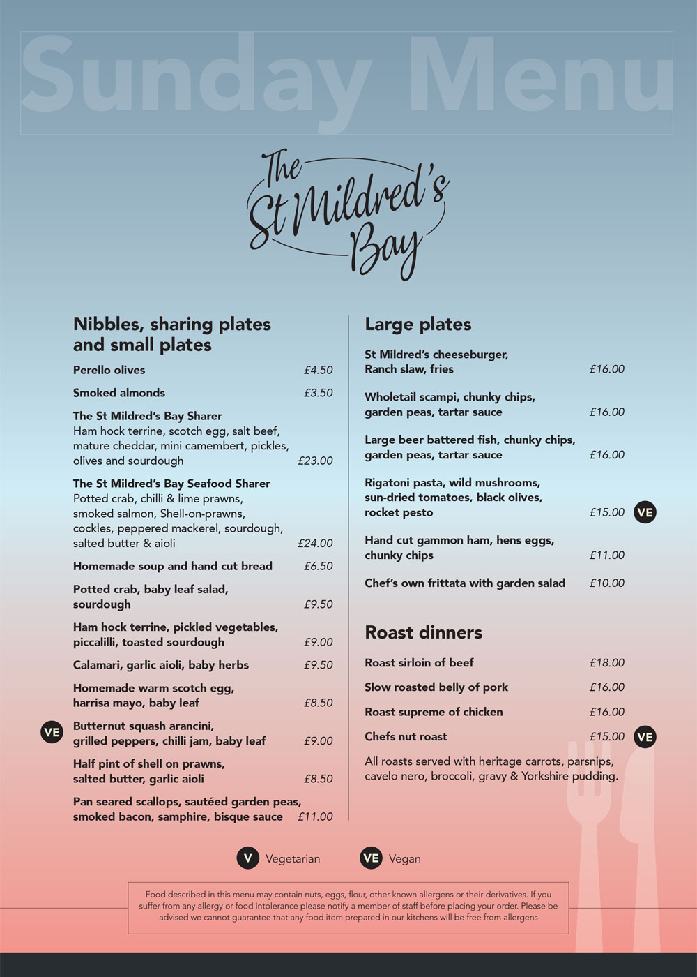 Image of The St Mildred's Bay Sunday Menu